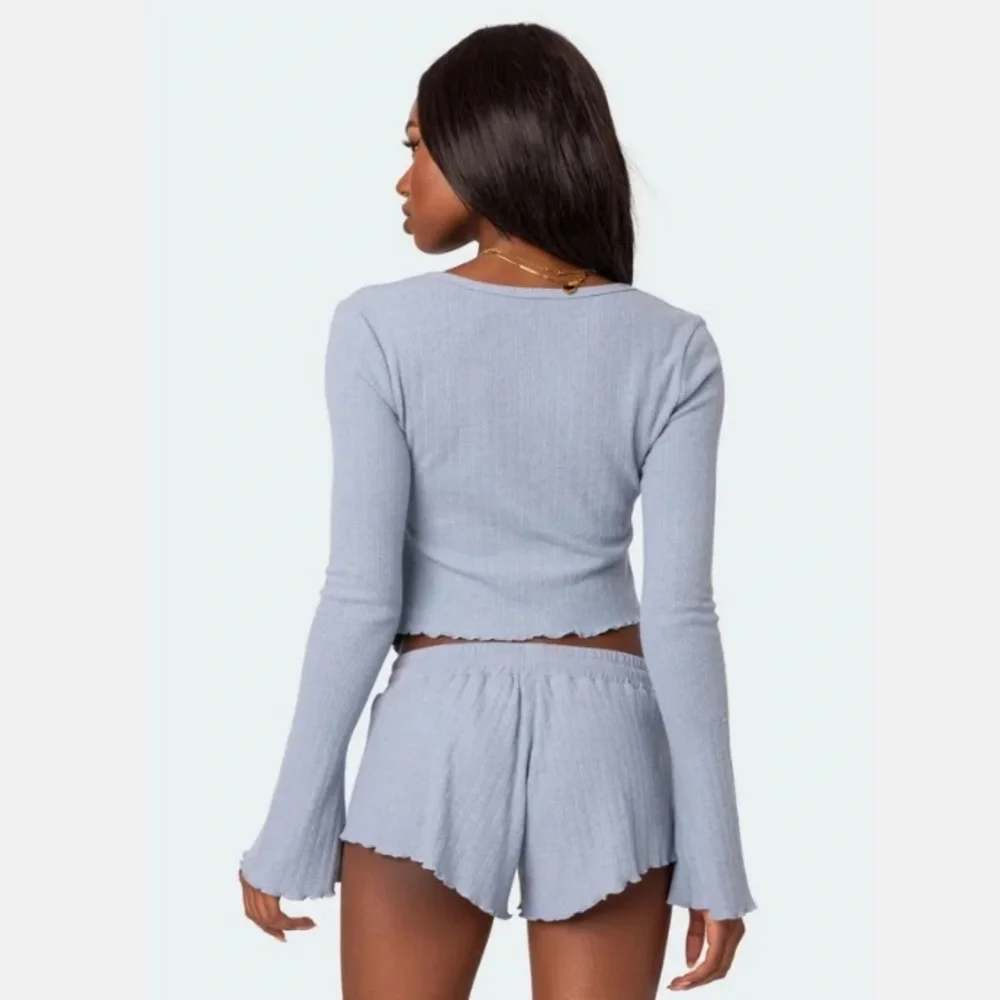 Edikted Light Blue Ribbed Button-Up Top - Picture 2 of 3